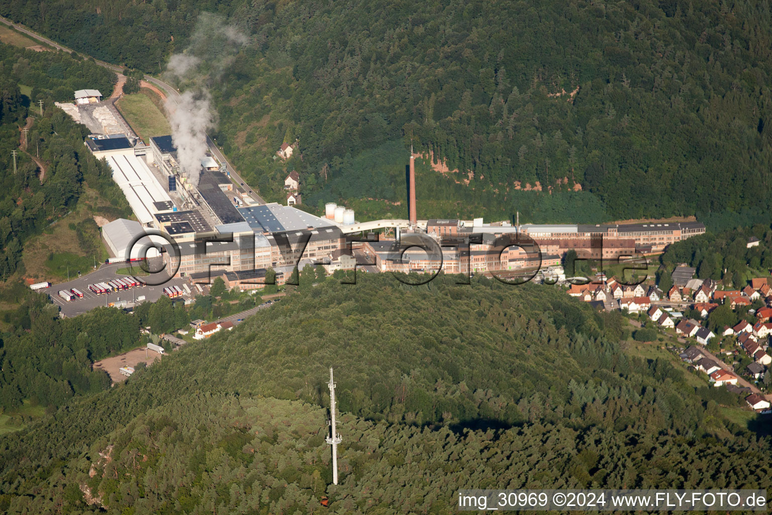 Aerial view of Kartonfabrik Buchmann GmbH in the district Sarnstall in Annweiler am Trifels in the state Rhineland-Palatinate, Germany