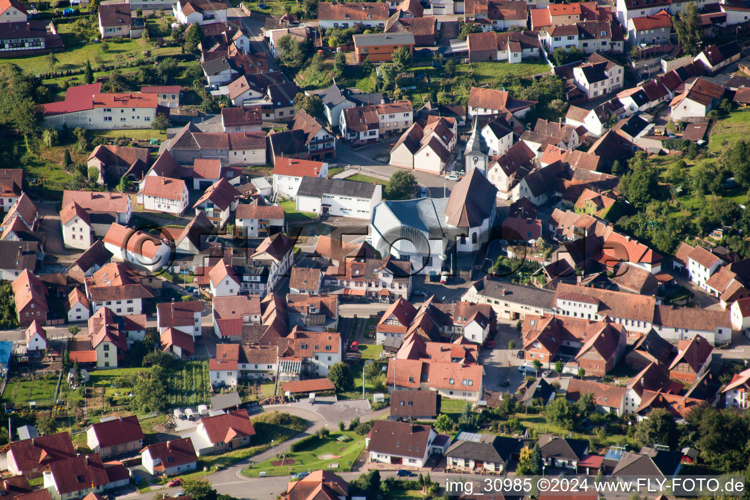 Aerial photograpy of Church of St. Cyriacus in the district Gossersweiler in Gossersweiler-Stein in the state Rhineland-Palatinate, Germany