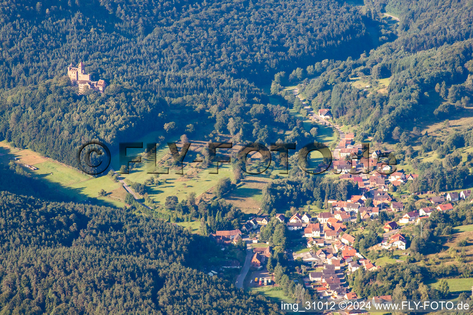 Aerial view of Berwartstein Castle in Erlenbach bei Dahn in the state Rhineland-Palatinate, Germany