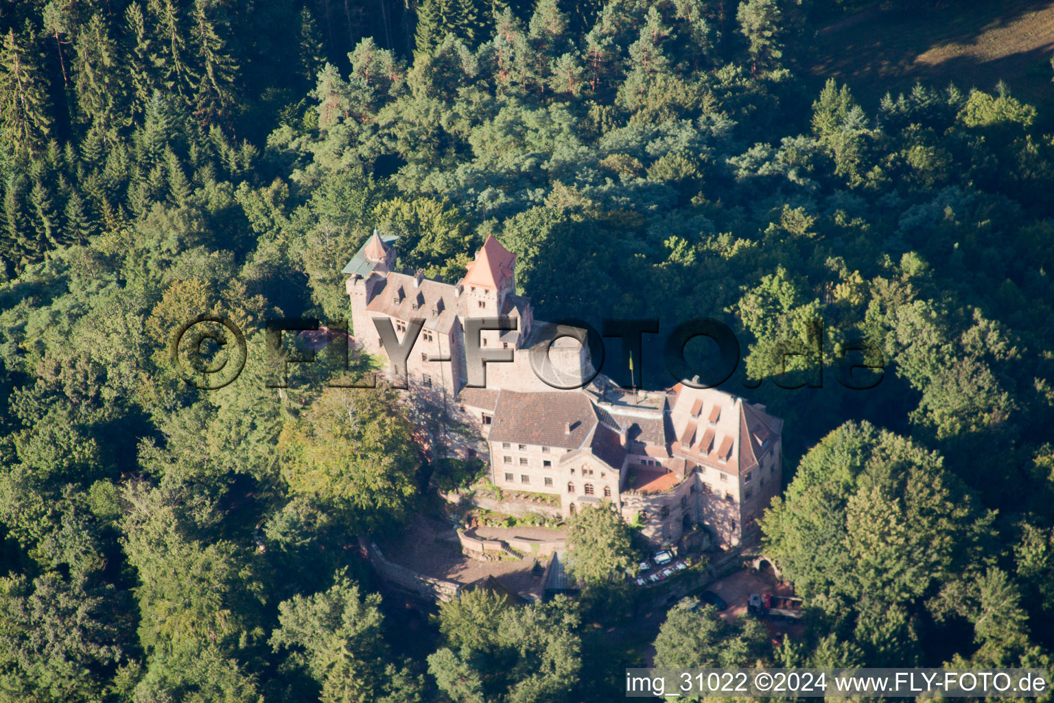 Aerial photograpy of Berwartstein Castle in Erlenbach bei Dahn in the state Rhineland-Palatinate, Germany