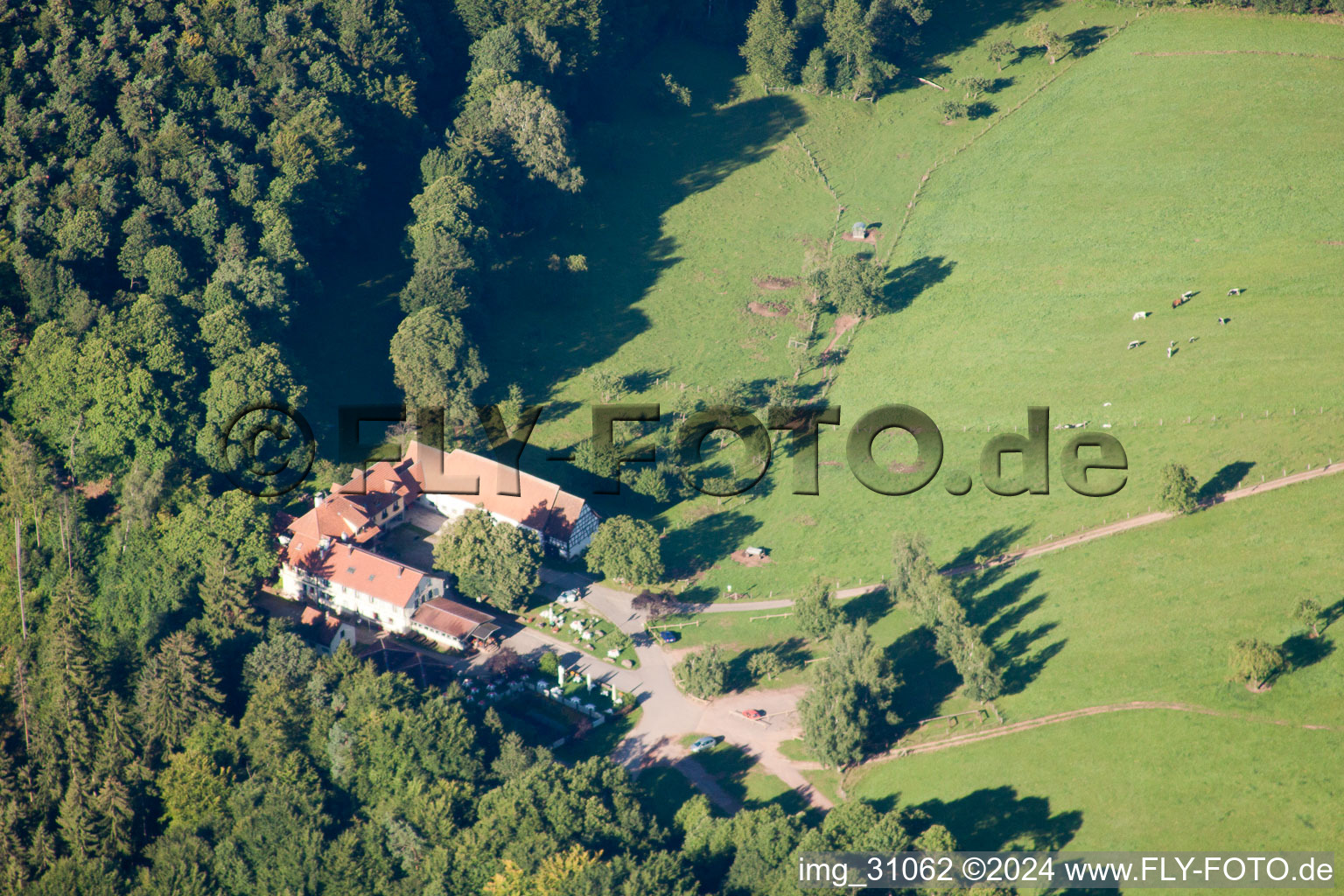 Aerial view of Restaurant Au Gimbelhof in Lembach in the state Bas-Rhin, France