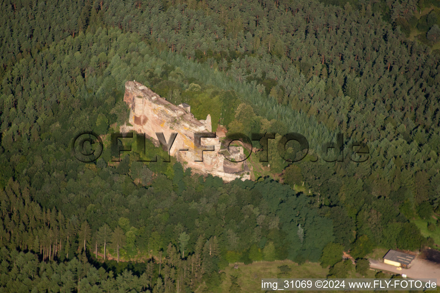 Aerial view of Fleckenstein Castle in Lembach in the state Bas-Rhin, France