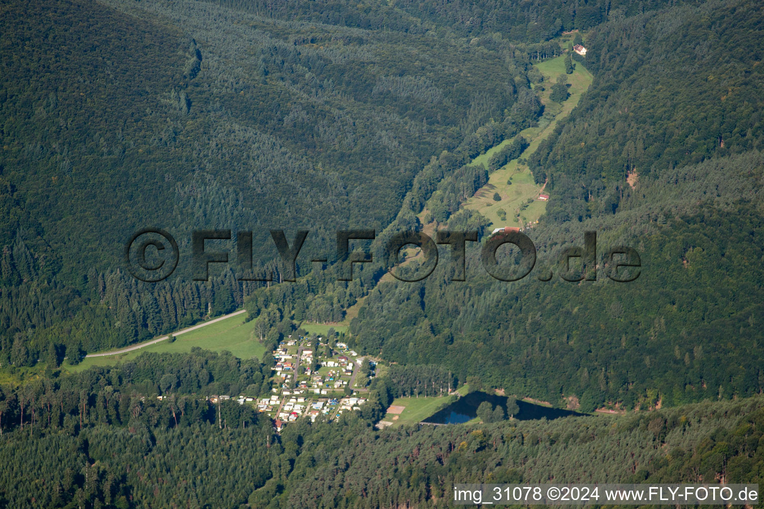 Aerial view of Camping de l'Etang in Lembach in the state Bas-Rhin, France