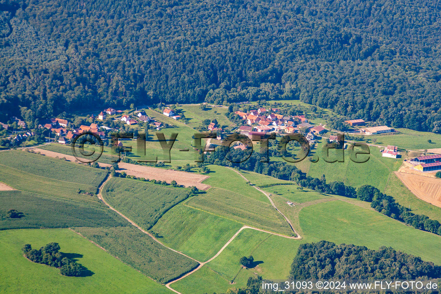 Aerial view of Pfaffenbronn in Lembach in the state Bas-Rhin, France