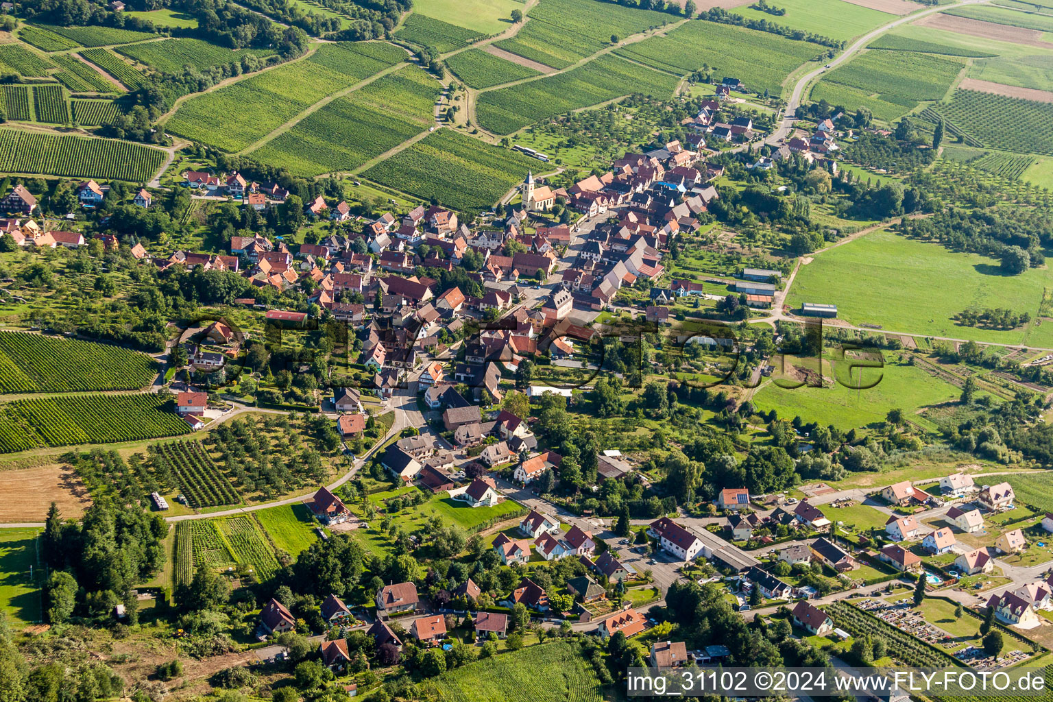 Oblique view of Village - view on the edge of agricultural fields and farmland in Rott in Grand Est, France