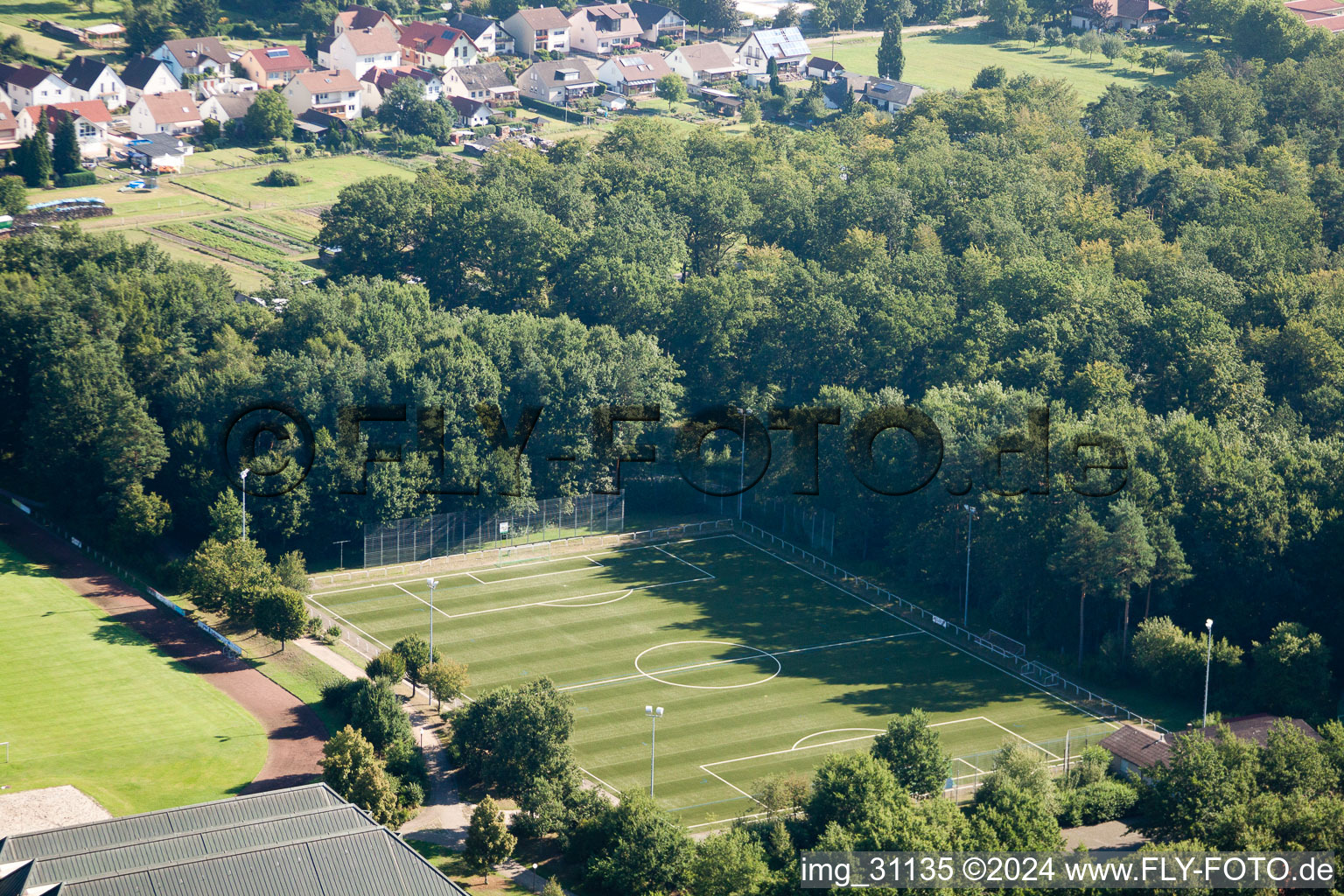 Aerial view of TUS 08 new artificial turf pitch in the district Schaidt in Wörth am Rhein in the state Rhineland-Palatinate, Germany