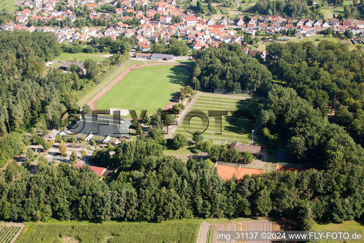 Oblique view of TUS 08 new artificial turf pitch in the district Schaidt in Wörth am Rhein in the state Rhineland-Palatinate, Germany