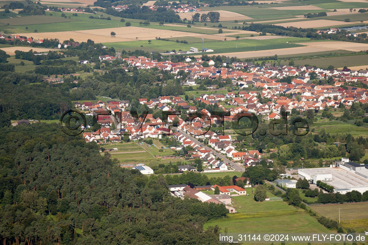 Aerial view of From the southeast in the district Schaidt in Wörth am Rhein in the state Rhineland-Palatinate, Germany