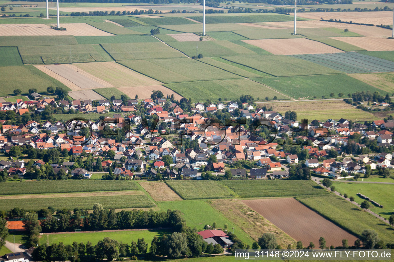 Aerial photograpy of From the south in Minfeld in the state Rhineland-Palatinate, Germany