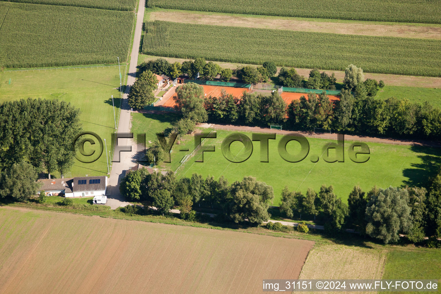 Aerial view of Sports fields in Minfeld in the state Rhineland-Palatinate, Germany