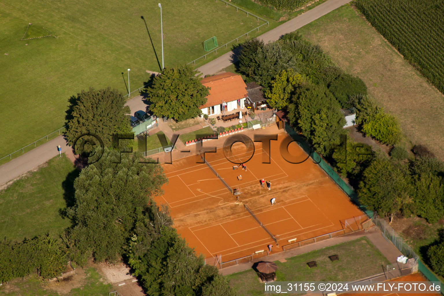 Oblique view of Sports fields in Minfeld in the state Rhineland-Palatinate, Germany