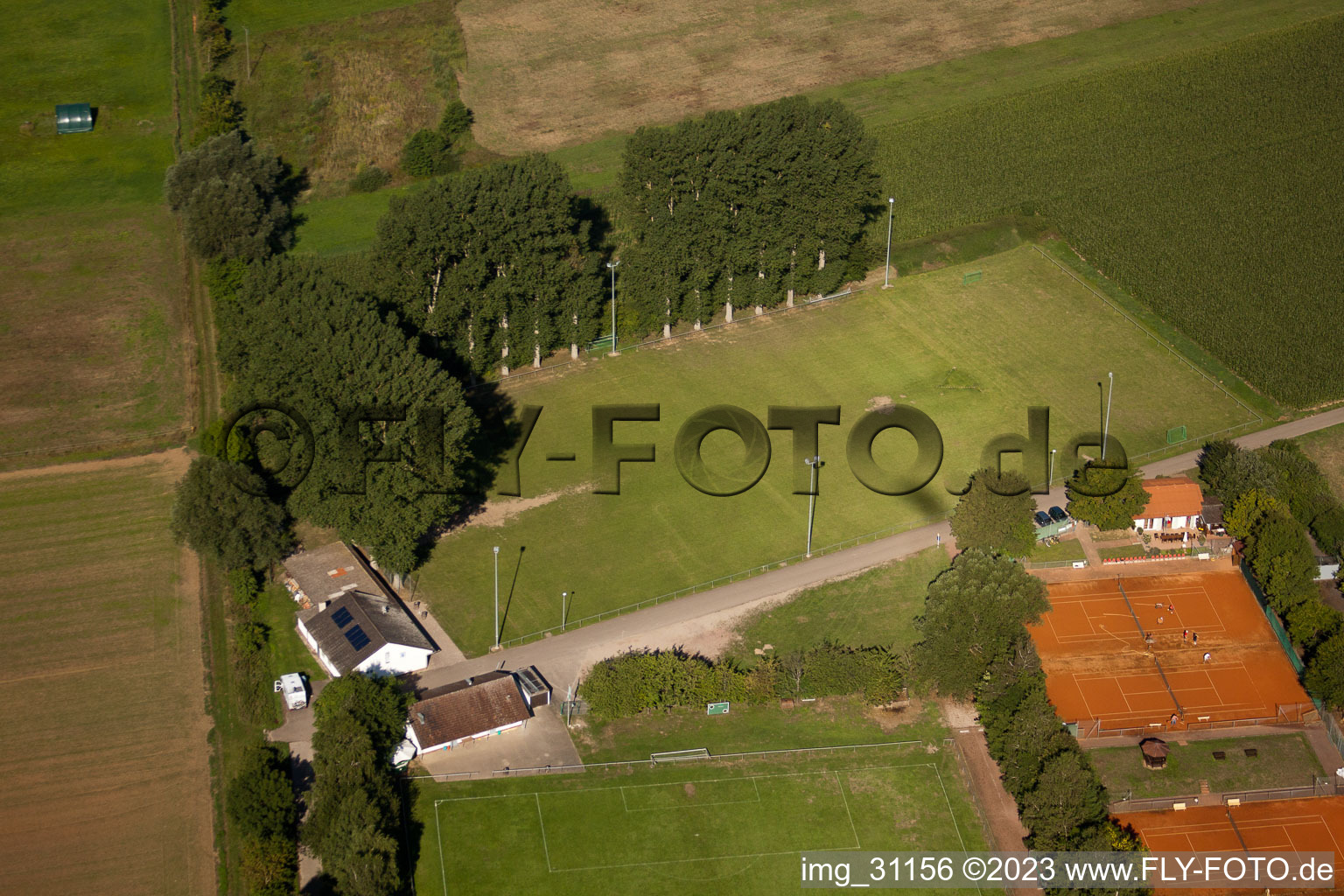 Sports fields in Minfeld in the state Rhineland-Palatinate, Germany from above