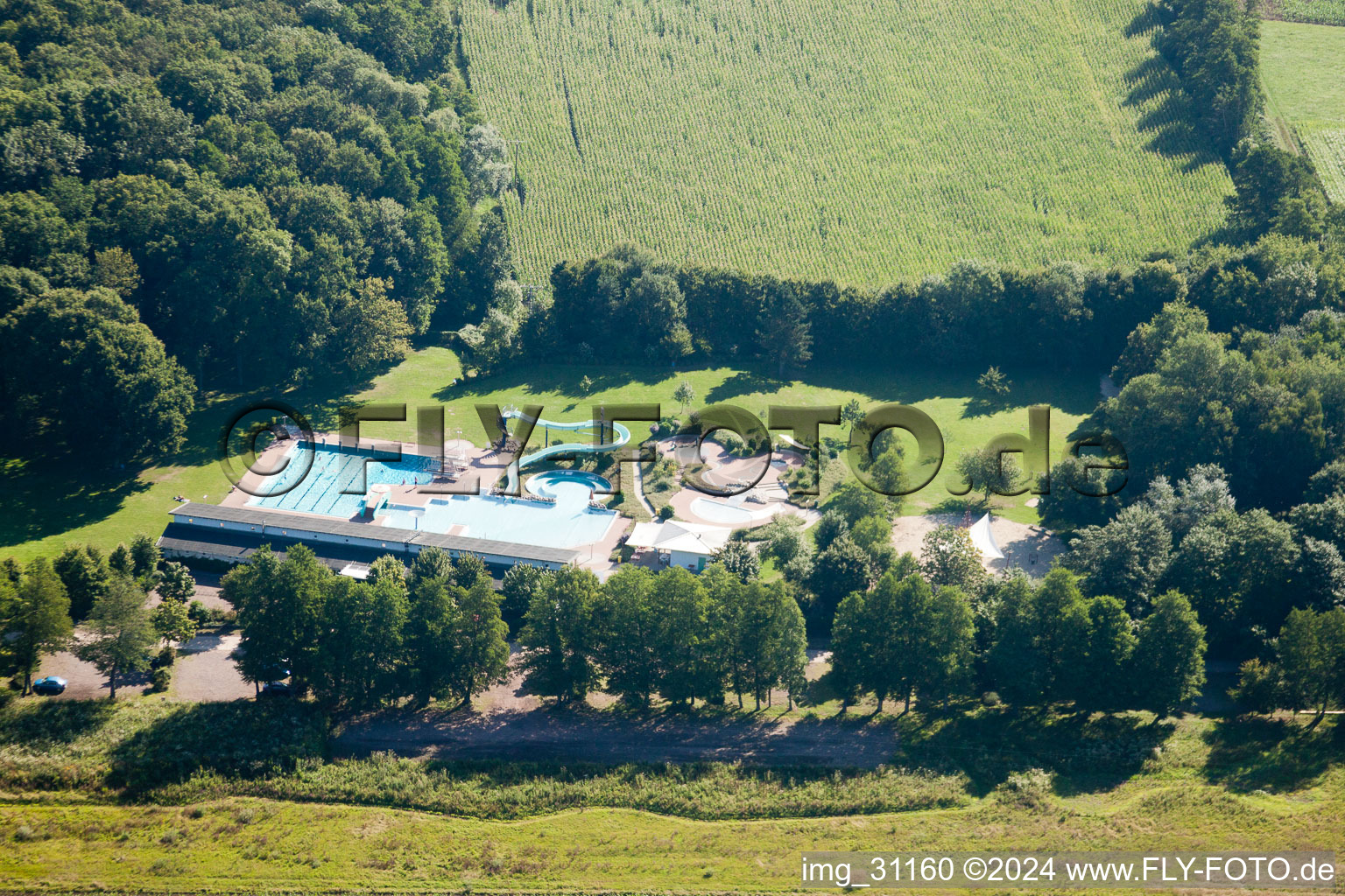 Oblique view of Forest swimming pool in Kandel in the state Rhineland-Palatinate, Germany