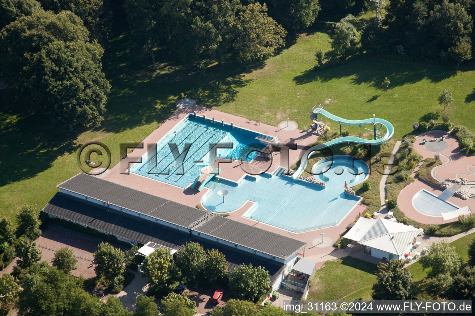 Forest swimming pool in Kandel in the state Rhineland-Palatinate, Germany from above