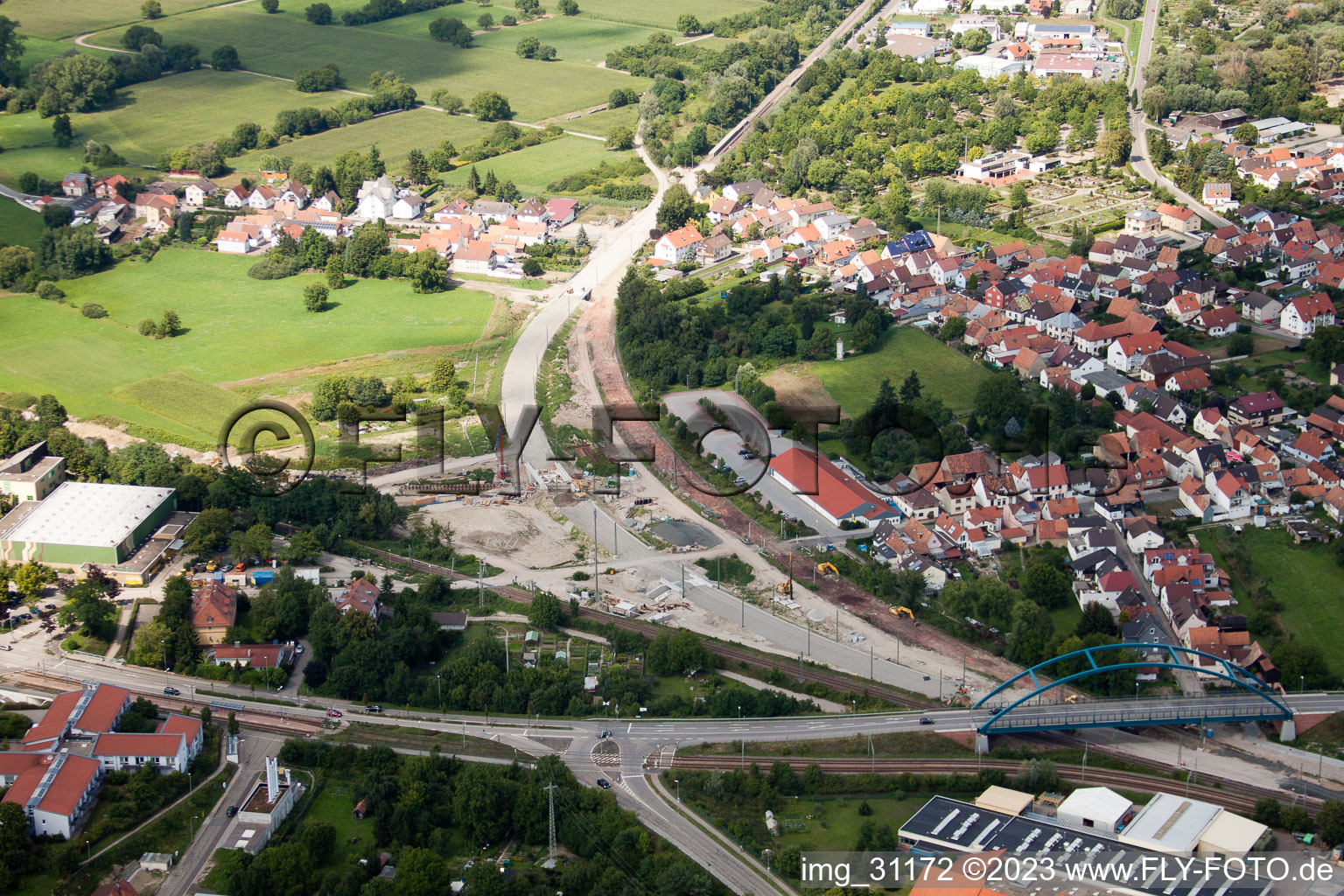 Aerial view of New construction of railway underpass Ottstr in Wörth am Rhein in the state Rhineland-Palatinate, Germany