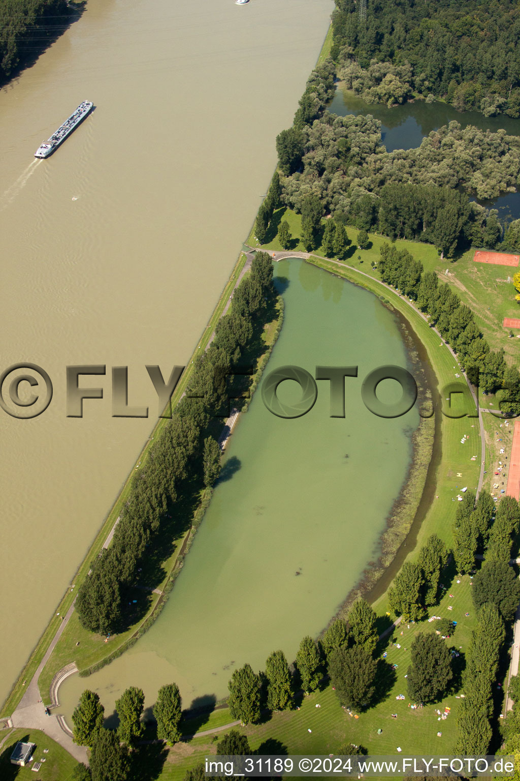 Aerial view of Rhine beach in the district Daxlanden in Karlsruhe in the state Baden-Wuerttemberg, Germany