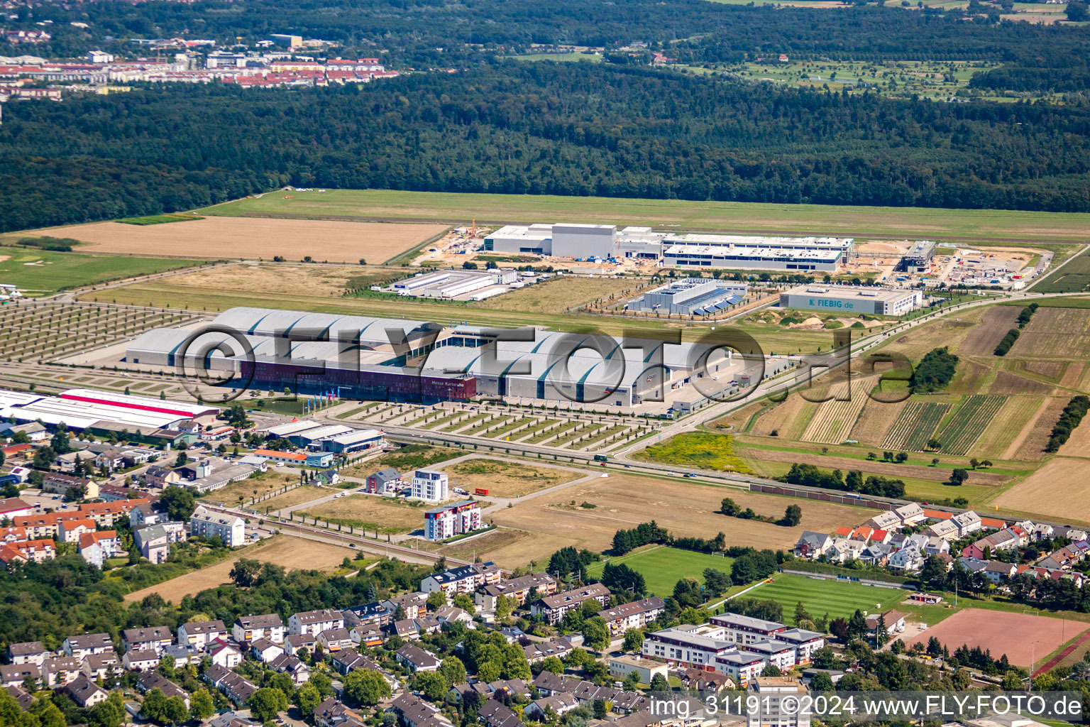 Aerial view of Business Prayer New Fair in the district Forchheim in Rheinstetten in the state Baden-Wuerttemberg, Germany