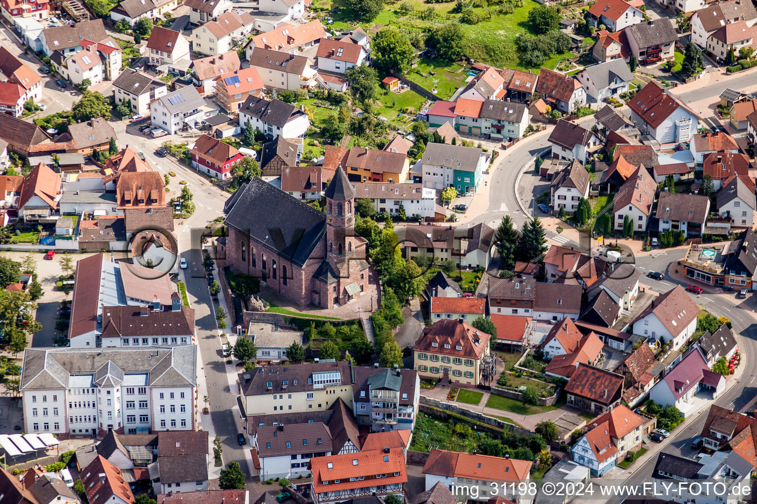 Church building of St. Cyriak in Old Town- center of downtown in Malsch in the state Baden-Wurttemberg, Germany