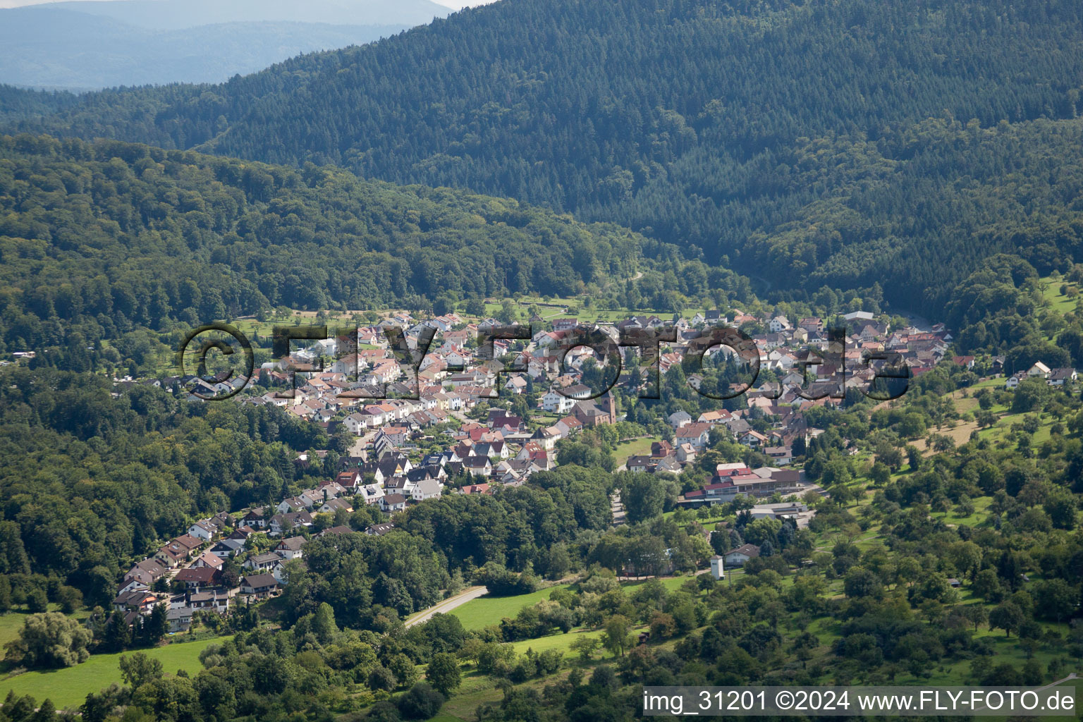 Oblique view of From the west in the district Waldprechtsweier in Malsch in the state Baden-Wuerttemberg, Germany