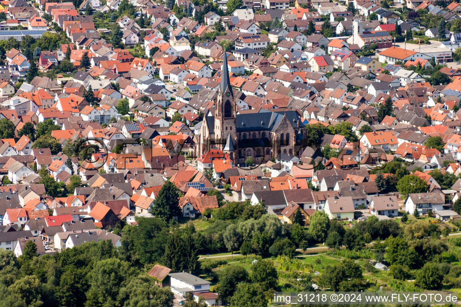 Church building in of Maria Koenigin of Engel Old Town- center of downtown in Muggensturm in the state Baden-Wurttemberg, Germany