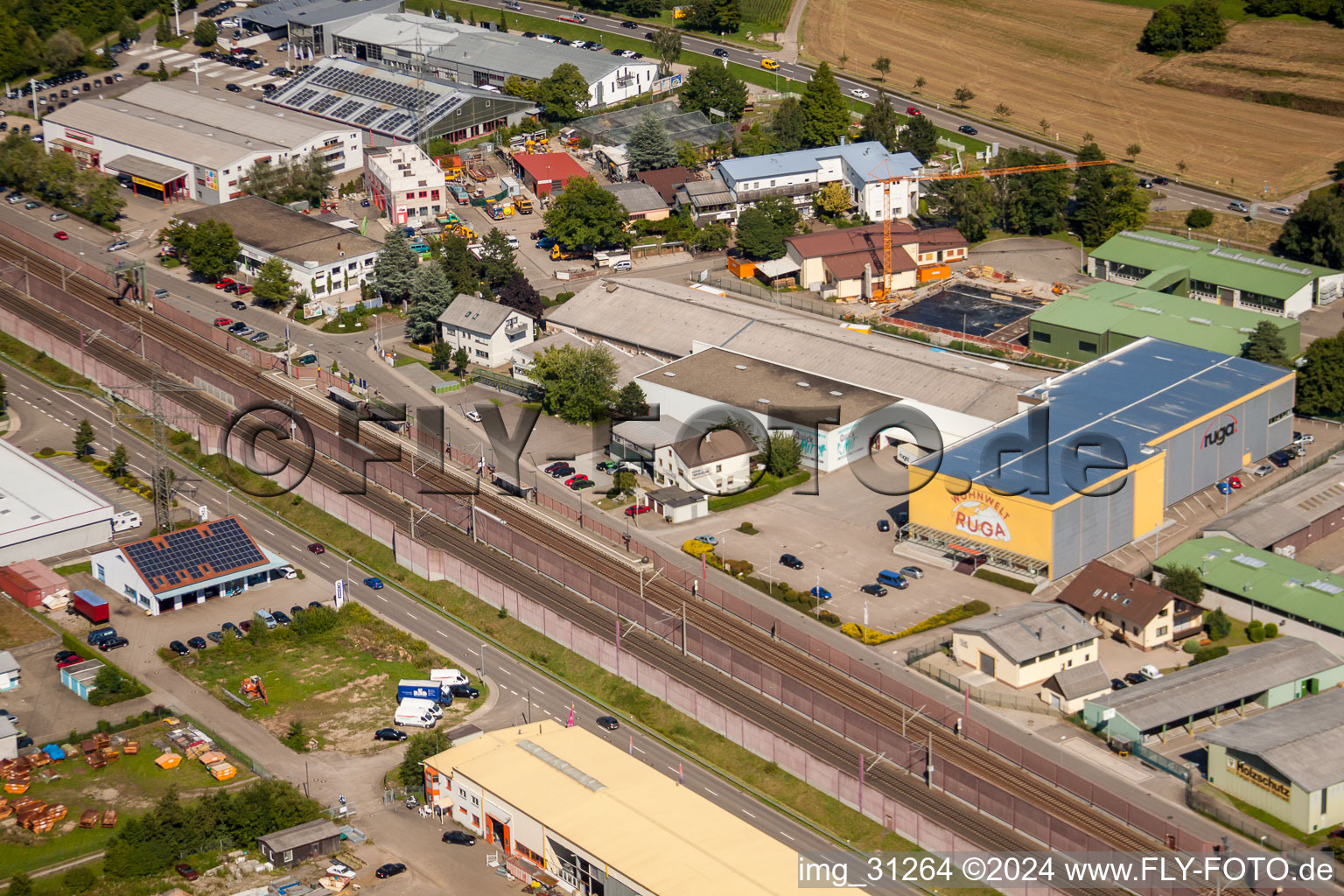 Aerial view of Industriestr in Sinzheim in the state Baden-Wuerttemberg, Germany