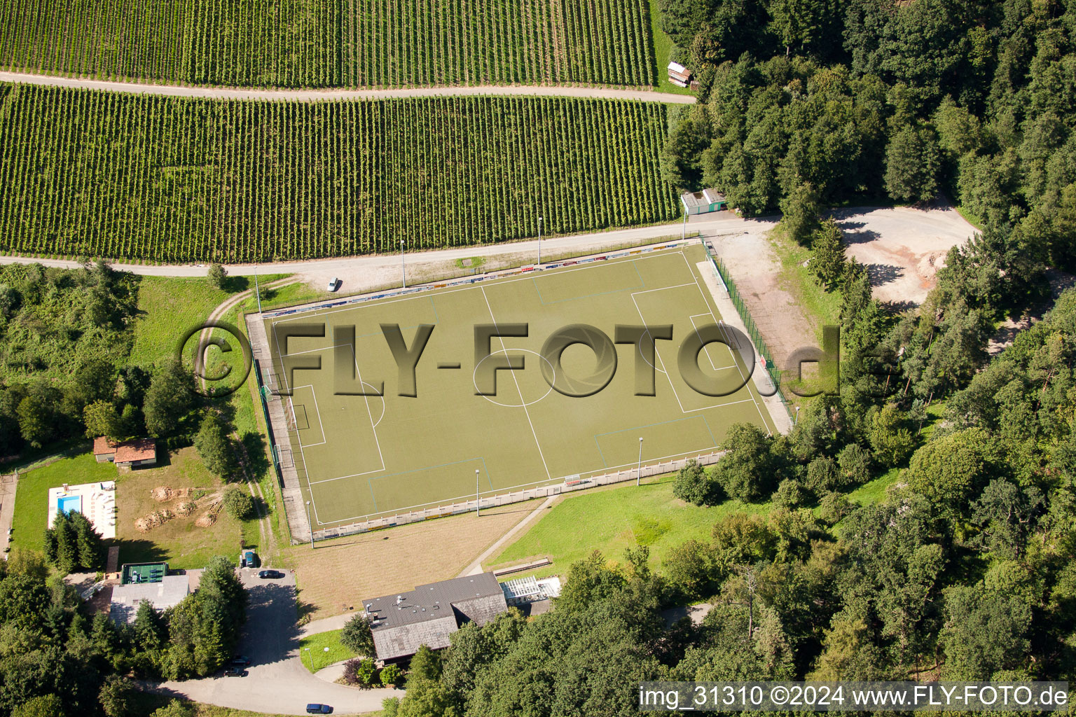 Aerial view of Varnhalt, sports fields in the district Gallenbach in Baden-Baden in the state Baden-Wuerttemberg, Germany
