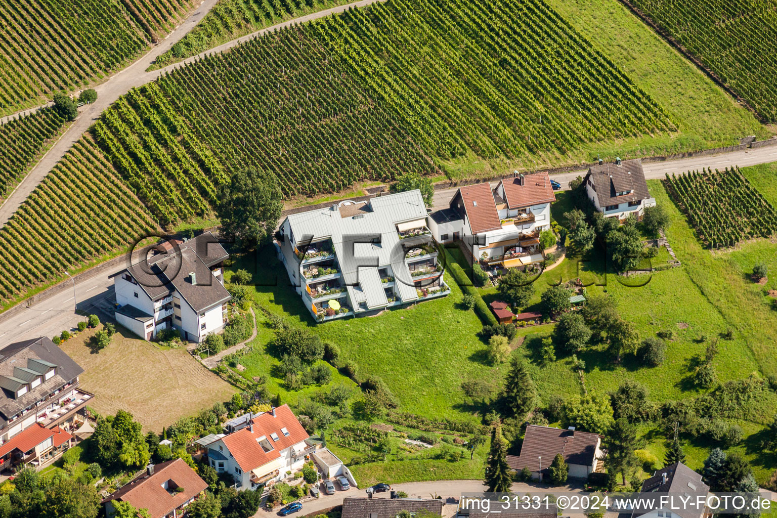 Roof garden landscape in the residential area of a multi-family house settlement on the Umweger Str. in Varnhalt in the state Baden-Wurttemberg, Germany