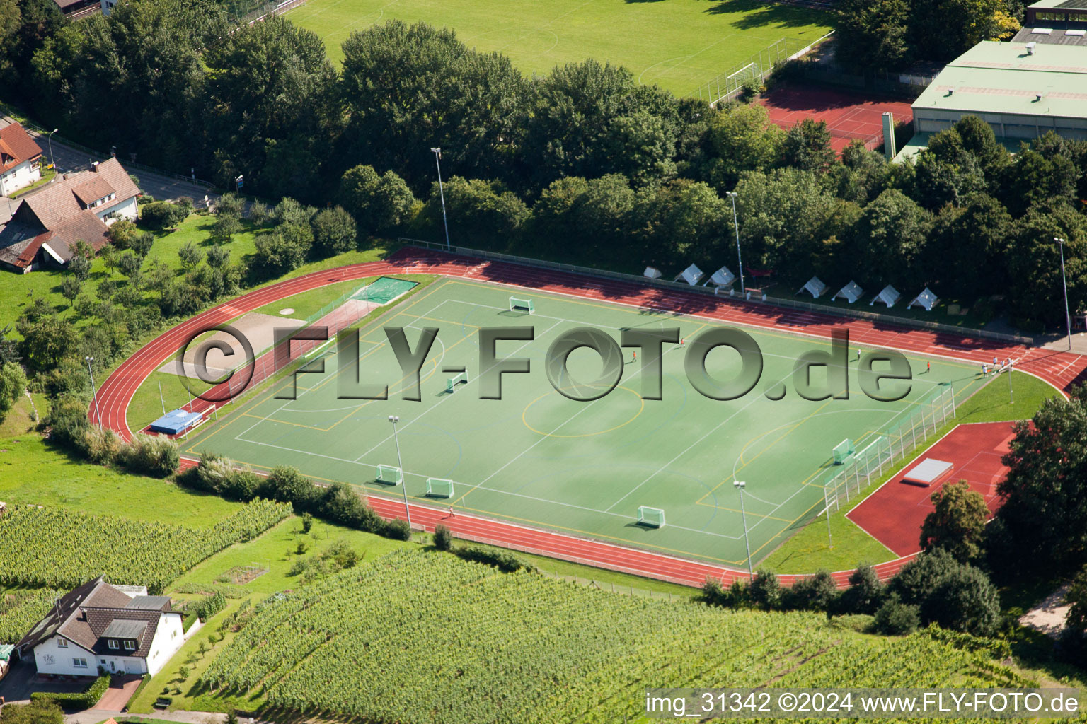 Aerial photograpy of South Baden Sports School, FC Neuweier in the district Steinbach in Baden-Baden in the state Baden-Wuerttemberg, Germany