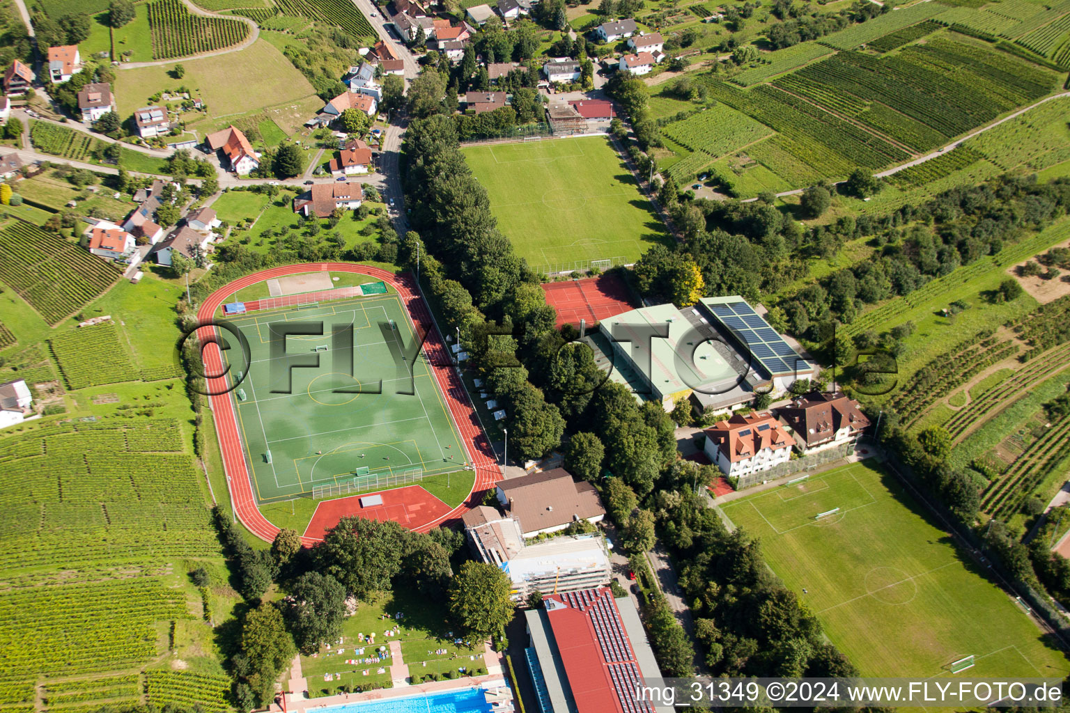 South Baden Sports School, FC Neuweier in the district Steinbach in Baden-Baden in the state Baden-Wuerttemberg, Germany seen from above