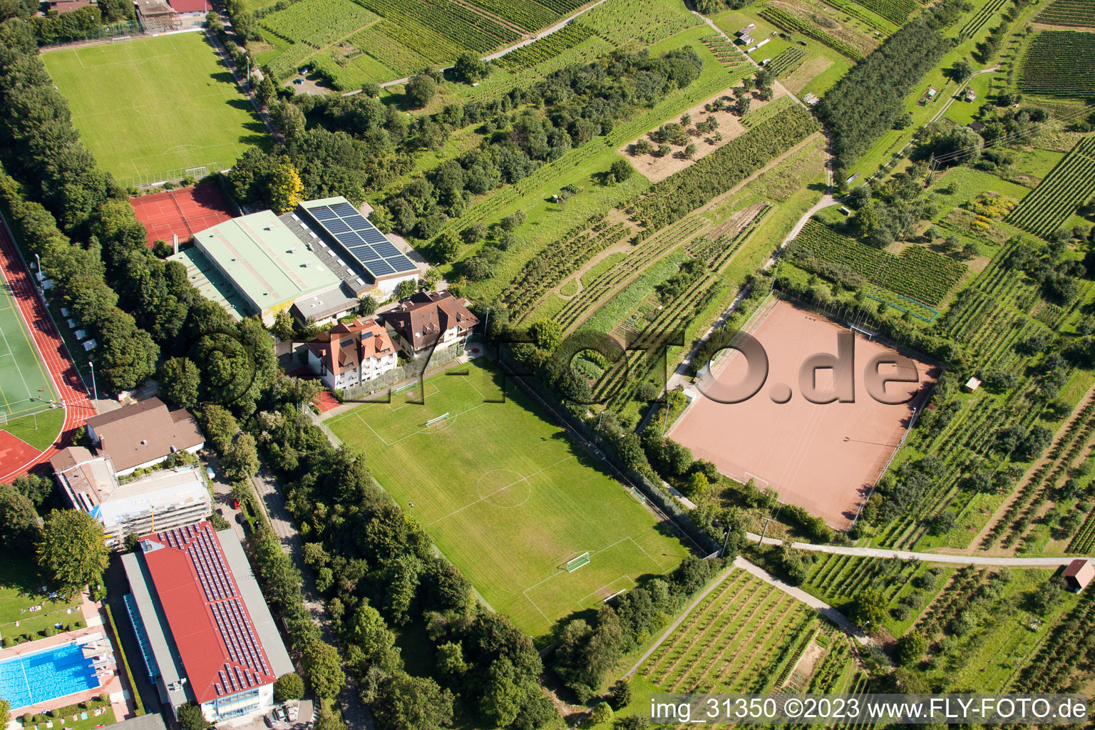 South Baden Sports School, FC Neuweier in the district Steinbach in Baden-Baden in the state Baden-Wuerttemberg, Germany from the plane