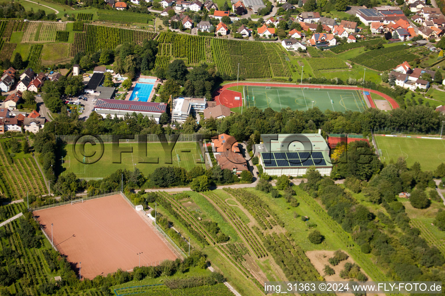 South Baden Sports School, FC Neuweier in the district Steinbach in Baden-Baden in the state Baden-Wuerttemberg, Germany seen from a drone