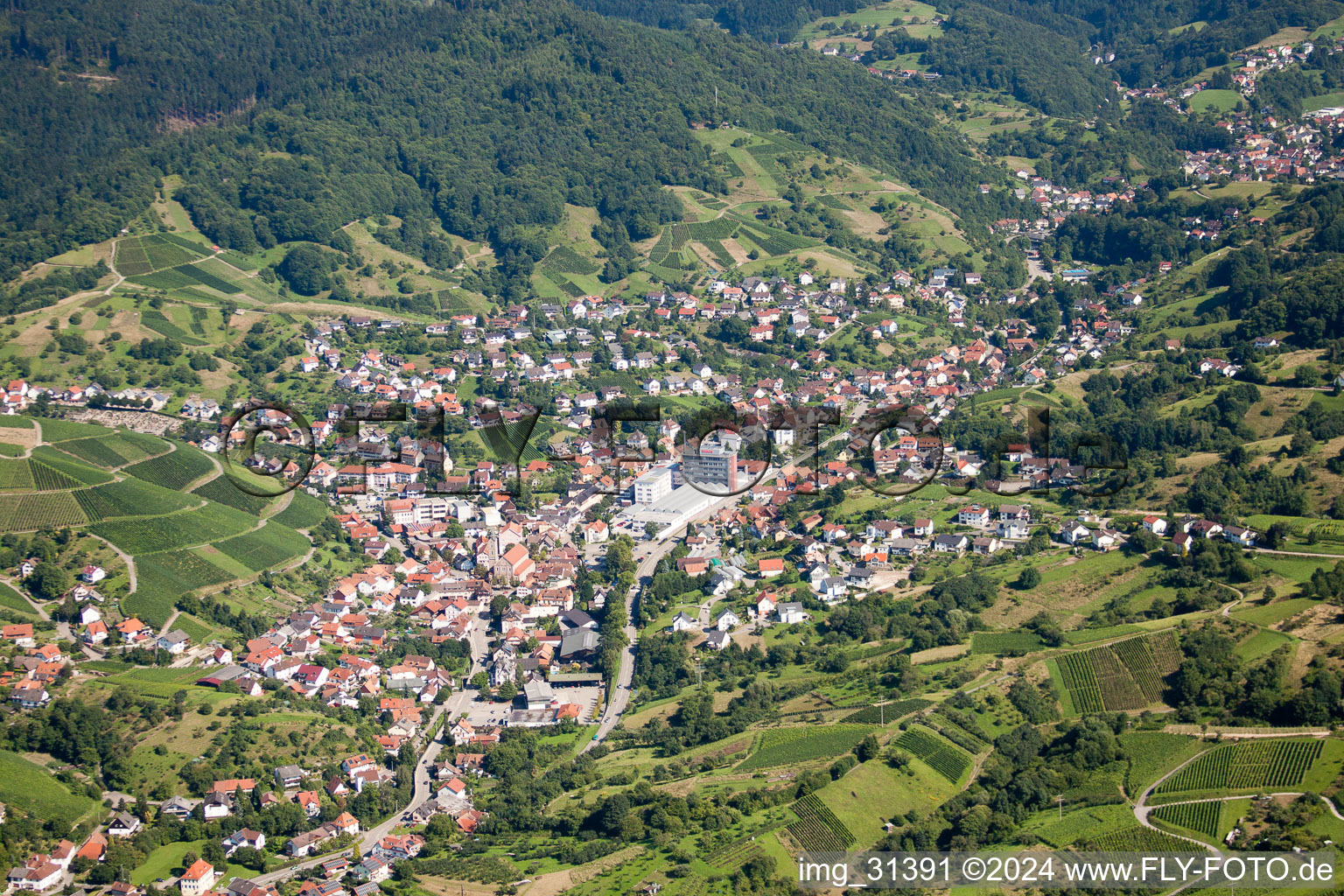 View of the streets and houses of the residential areas in the district Untertal in Bühlertal in the state Baden-Wuerttemberg, Germany