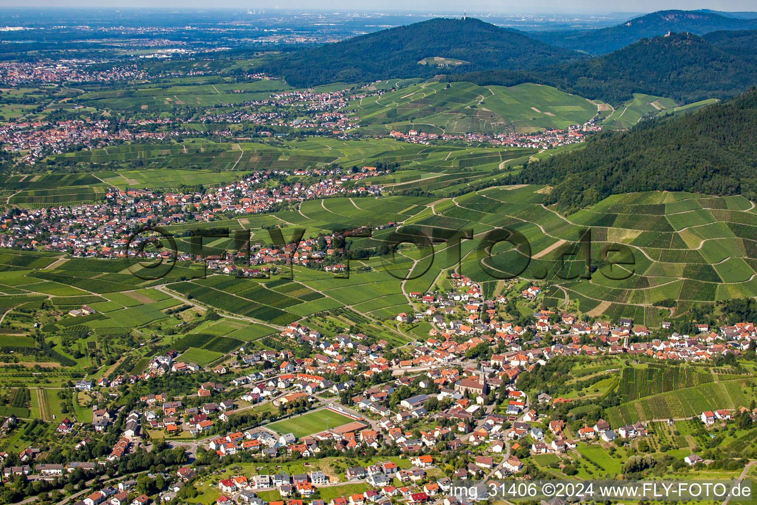 Aerial view of Town View of the streets and houses of the residential areas in the district Altschweier in Buehl in the state Baden-Wurttemberg