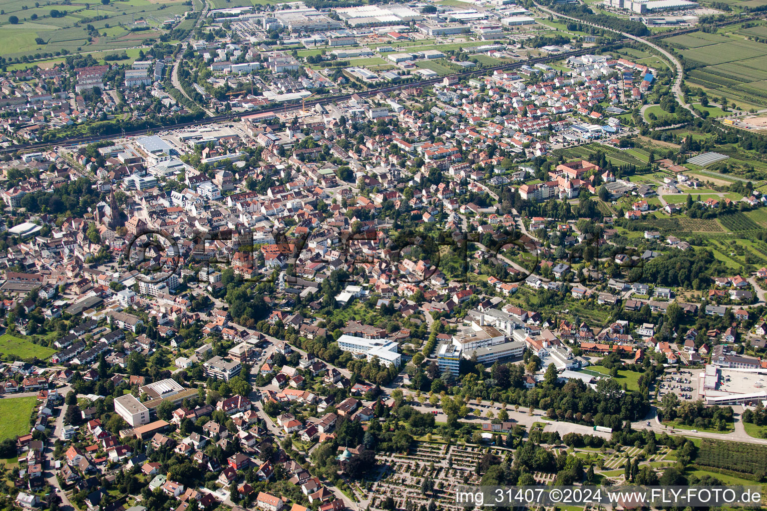 Aerial view of Town View of the streets and houses of the residential areas in Buehl in the state Baden-Wurttemberg