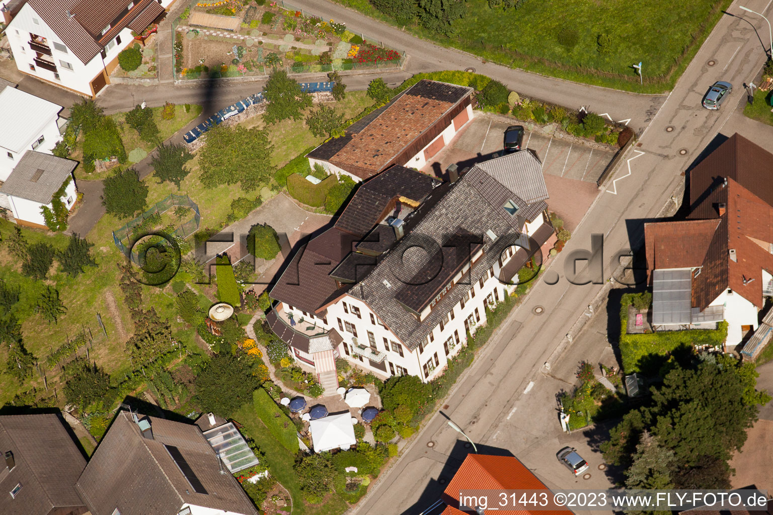 Oblique view of Hotel Restaurant Rebstock in the district Riegel in Bühl in the state Baden-Wuerttemberg, Germany