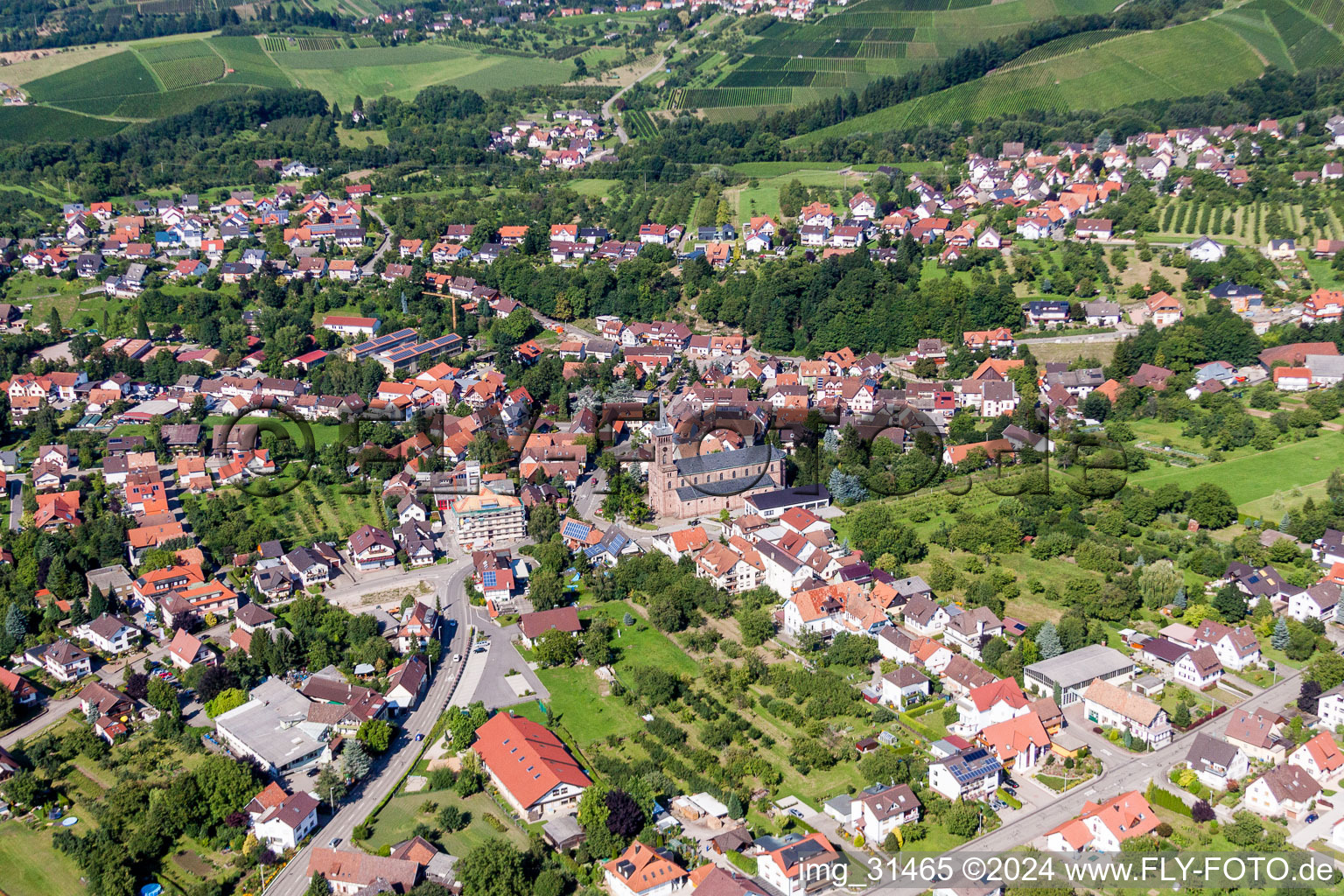 Aerial photograpy of Town View of the streets and houses of the residential areas in Lauf in the state Baden-Wurttemberg, Germany