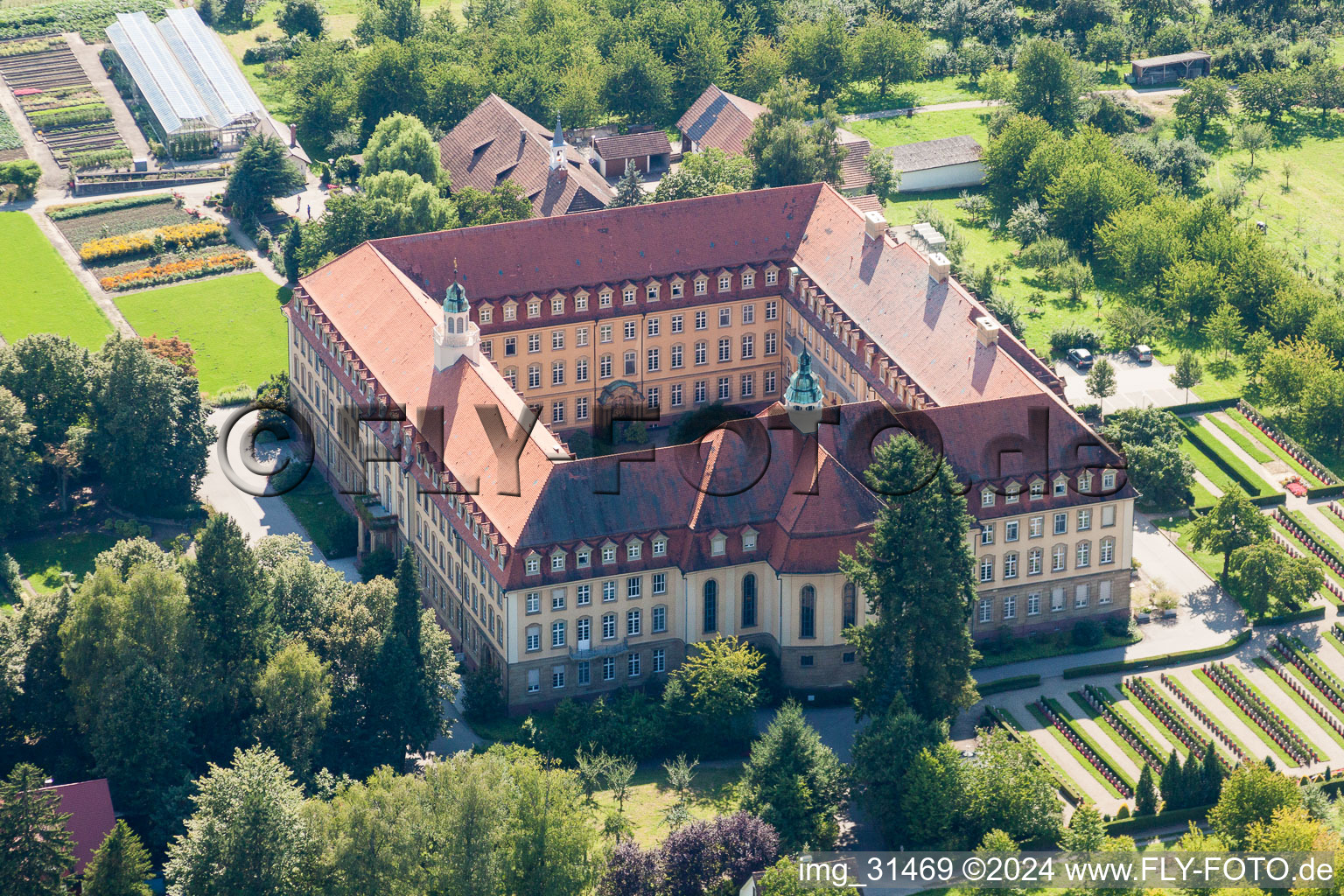 Aerial view of Complex of buildings of the monastery Kloster of Franziskanerinnen Erlenbad e.V. in the district Obersasbach in Sasbach in the state Baden-Wurttemberg, Germany