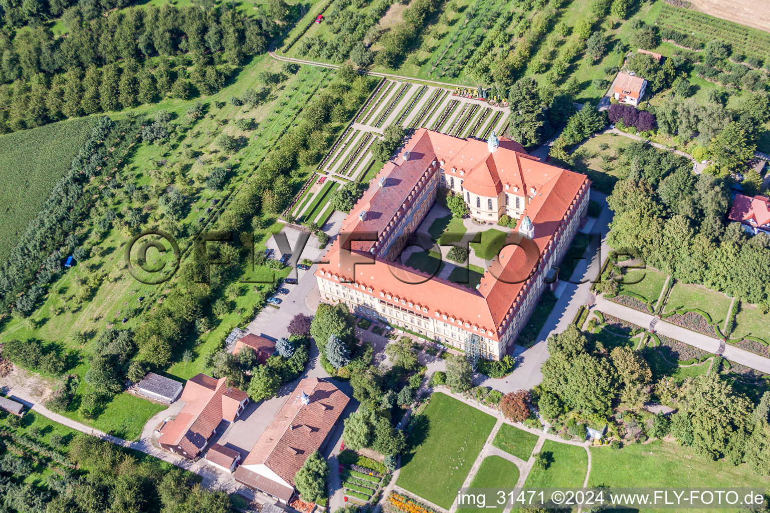 Aerial photograpy of Complex of buildings of the monastery Kloster of Franziskanerinnen Erlenbad e.V. in the district Obersasbach in Sasbach in the state Baden-Wurttemberg, Germany