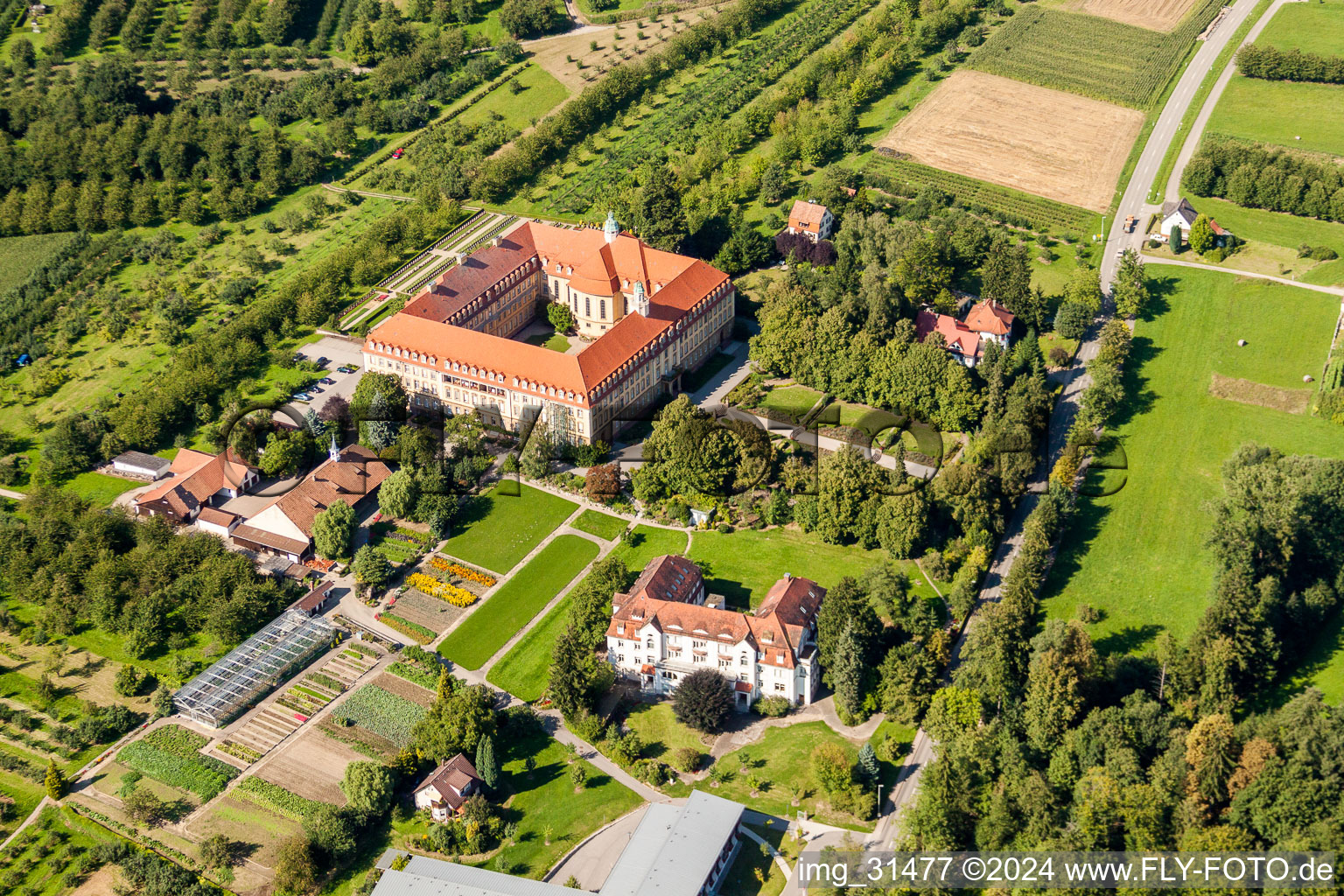 Oblique view of Complex of buildings of the monastery Kloster of Franziskanerinnen Erlenbad e.V. in the district Obersasbach in Sasbach in the state Baden-Wurttemberg, Germany