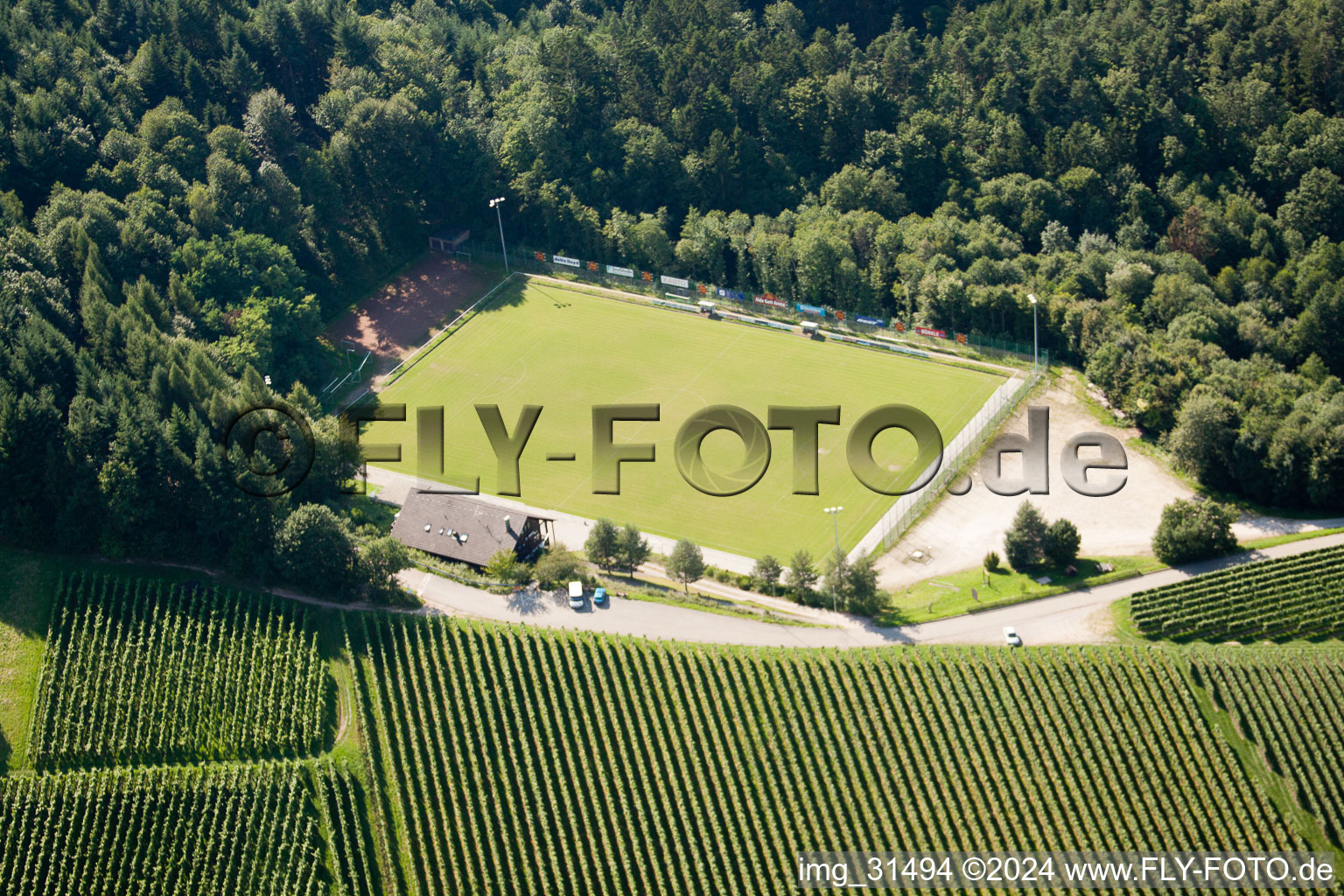 Aerial view of Football field in Sasbachwalden in the state Baden-Wuerttemberg, Germany