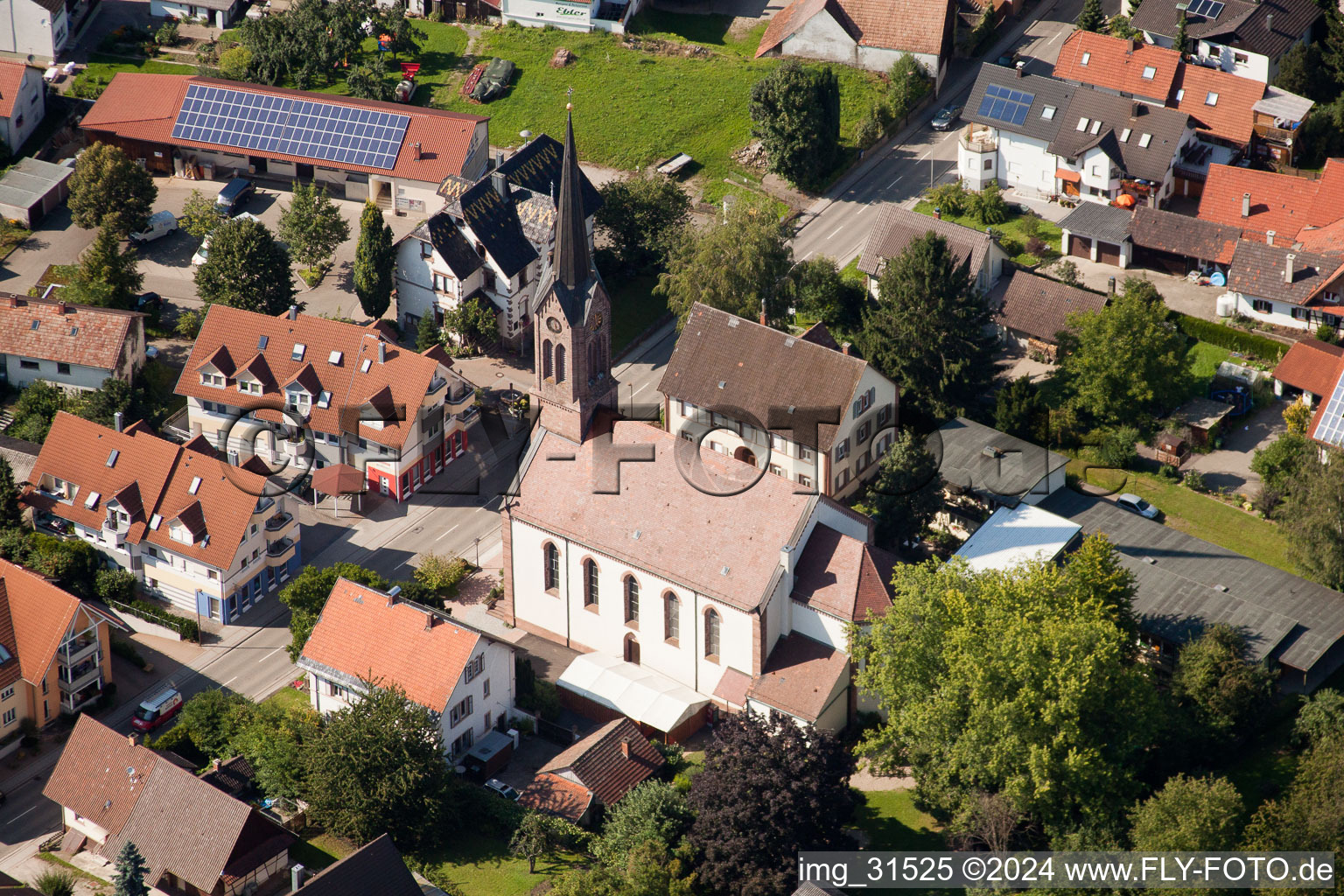 Aerial view of Church building in the village of in the district Moesbach in Achern in the state Baden-Wurttemberg