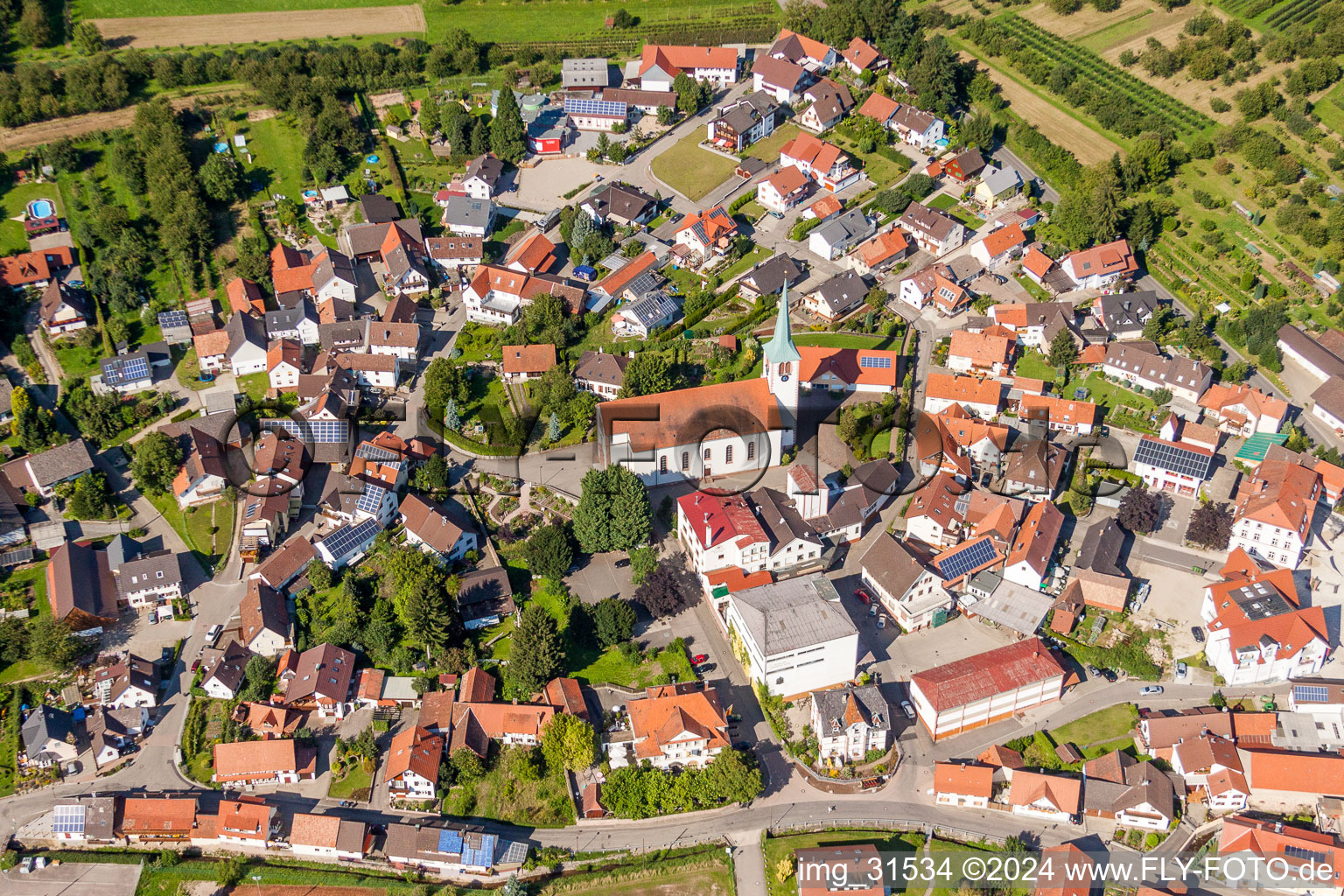 Aerial view of Building and production halls on the premises of the brewery Familienbrauerei Bauhoefer GmbH & Co. KG in the district Ulm in Renchen in the state Baden-Wurttemberg, Germany