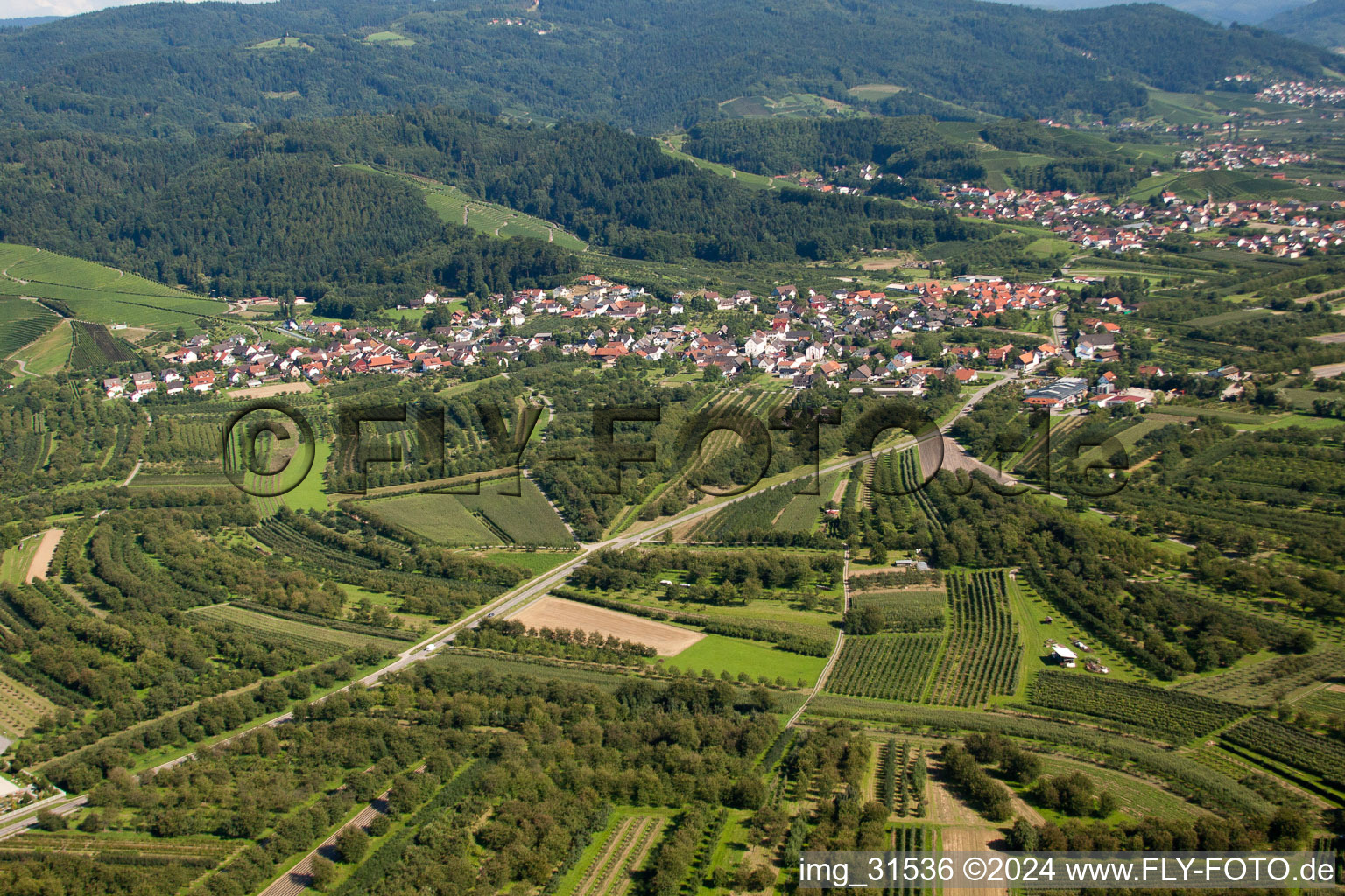 Aerial view of Renchtal from the northwest in the district Haslach in Oberkirch in the state Baden-Wuerttemberg, Germany