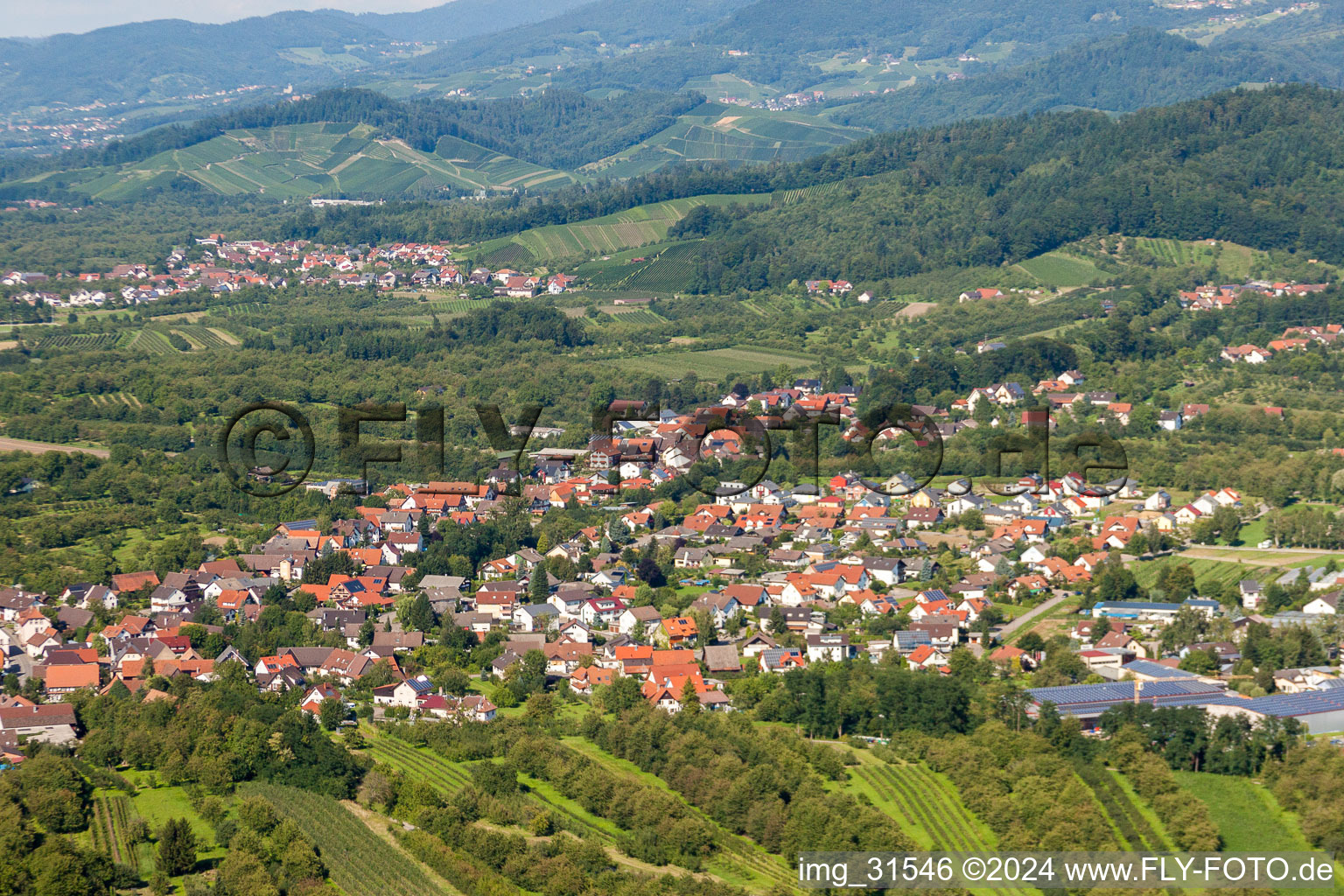 Aerial view of Town View of the streets and houses of the residential areas in the district Ulm in Renchen in the state Baden-Wurttemberg, Germany