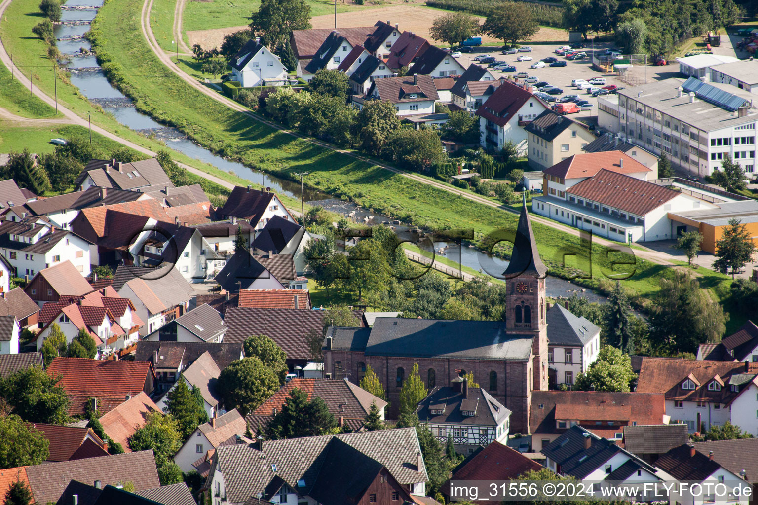 Village on the river bank areas of the river Rench in the district Erlach in Renchen in the state Baden-Wurttemberg