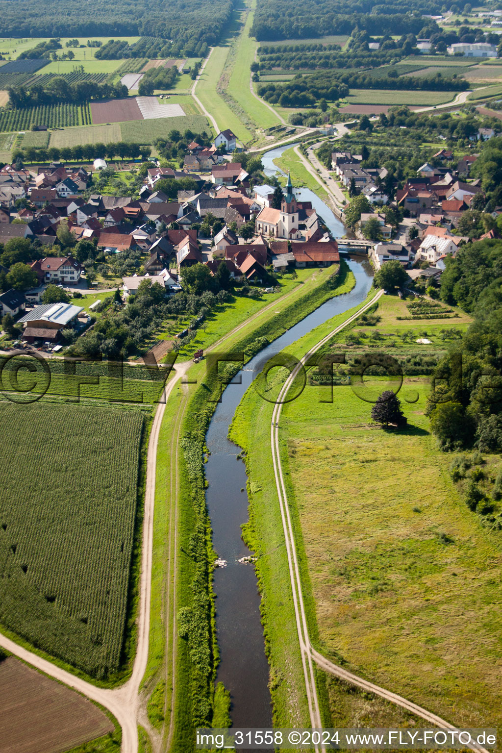 Aerial photograpy of Village on the river bank areas of the river Rench in the district Erlach in Renchen in the state Baden-Wurttemberg