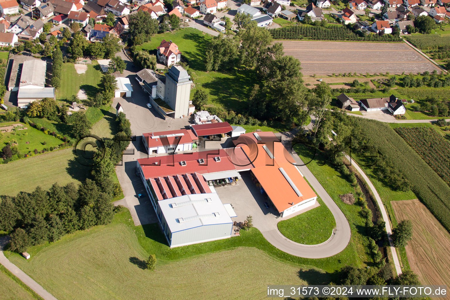 Building and production halls on the premises of Kraewa GmbH Umformtechnik in the district Erlach in Renchen in the state Baden-Wurttemberg