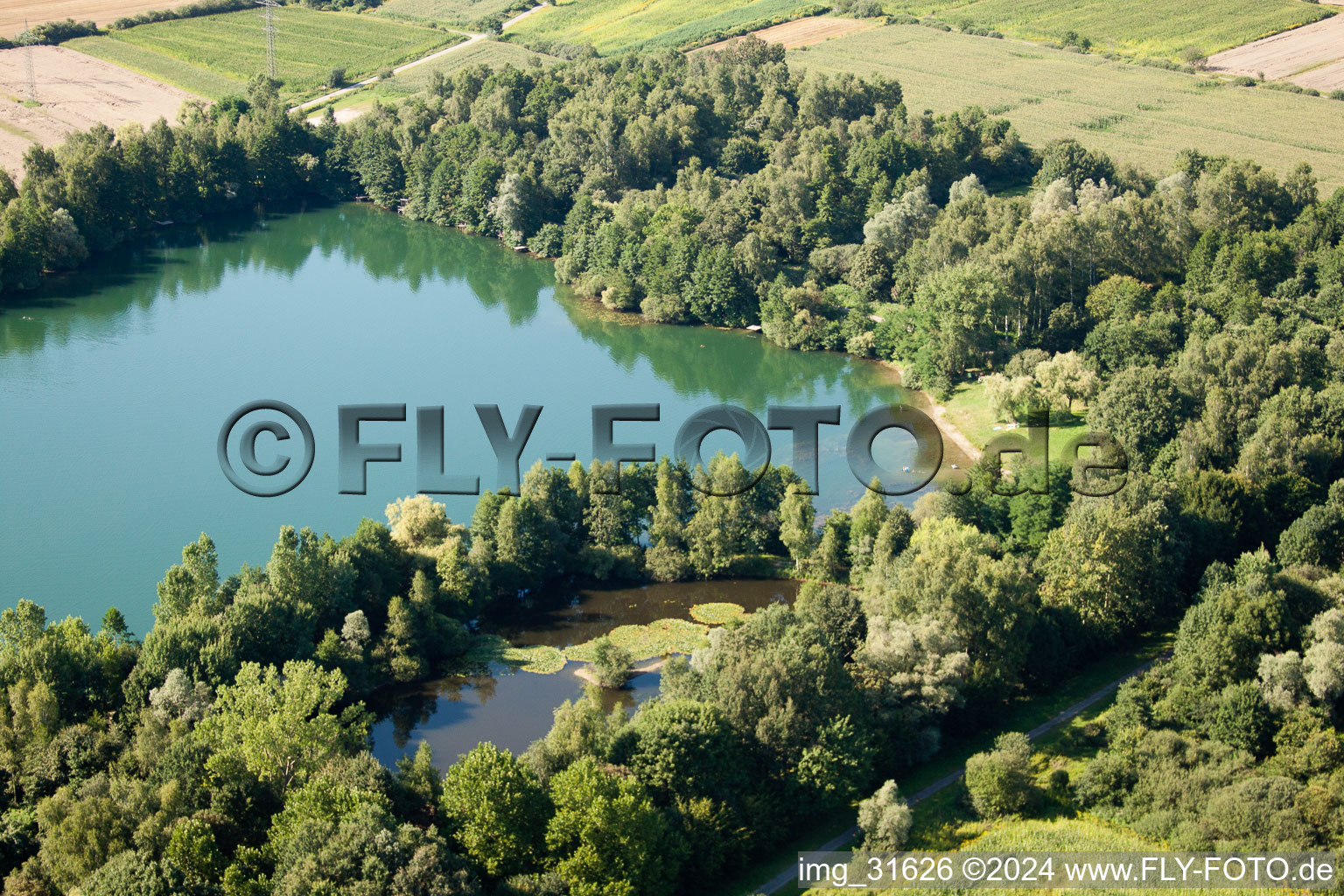 Aerial view of Quarry lake in the district Urloffen in Appenweier in the state Baden-Wuerttemberg, Germany