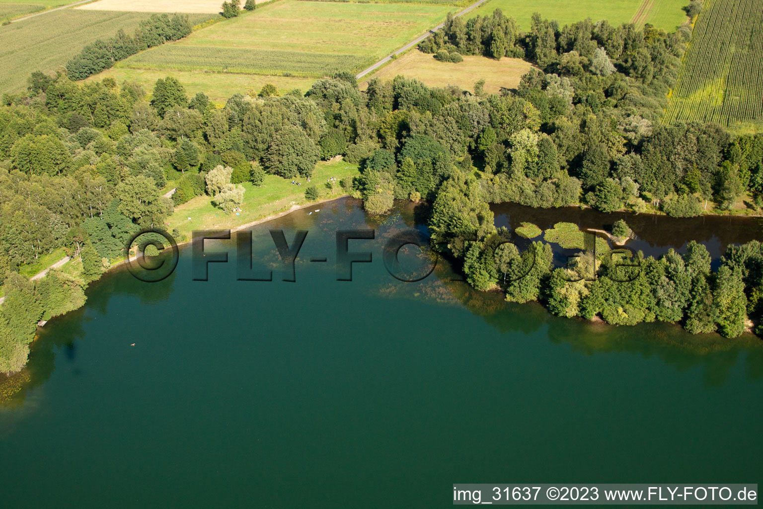Quarry pond in the district Urloffen in Appenweier in the state Baden-Wuerttemberg, Germany from above
