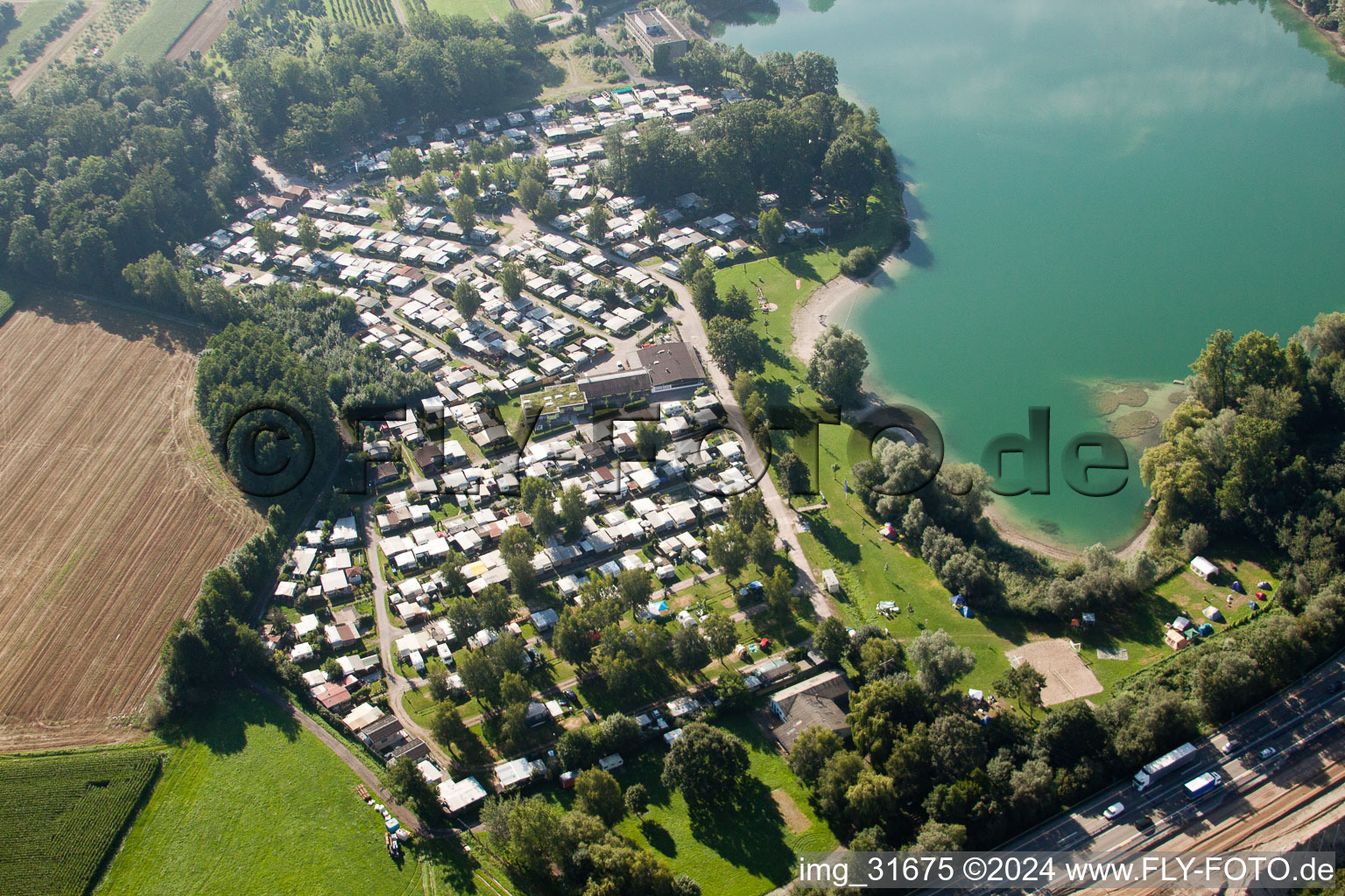 Beach areas and csmping site on the Achernsee in Achern in the state Baden-Wurttemberg